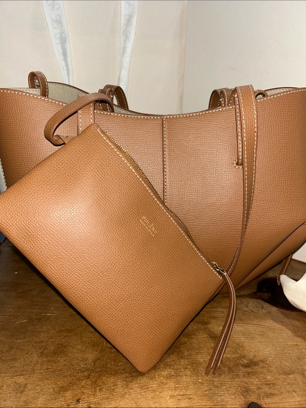 Polène Cyme Mini Textured Leather Tote Bag Camel Brown with Box & Dust Bag - Picture 4 of 10